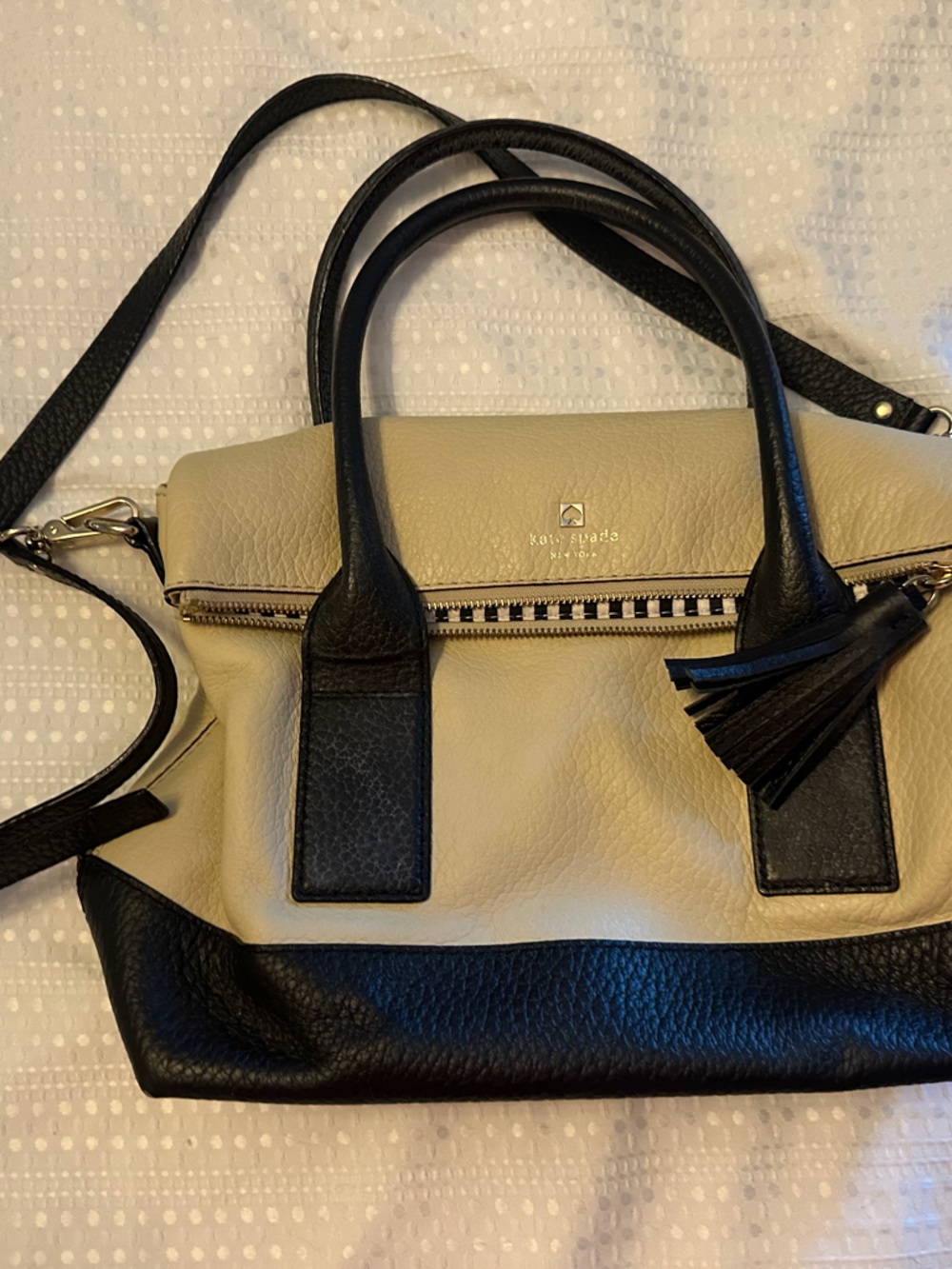 kate spade Black and Cream Two-Tone Satchel with Tassel